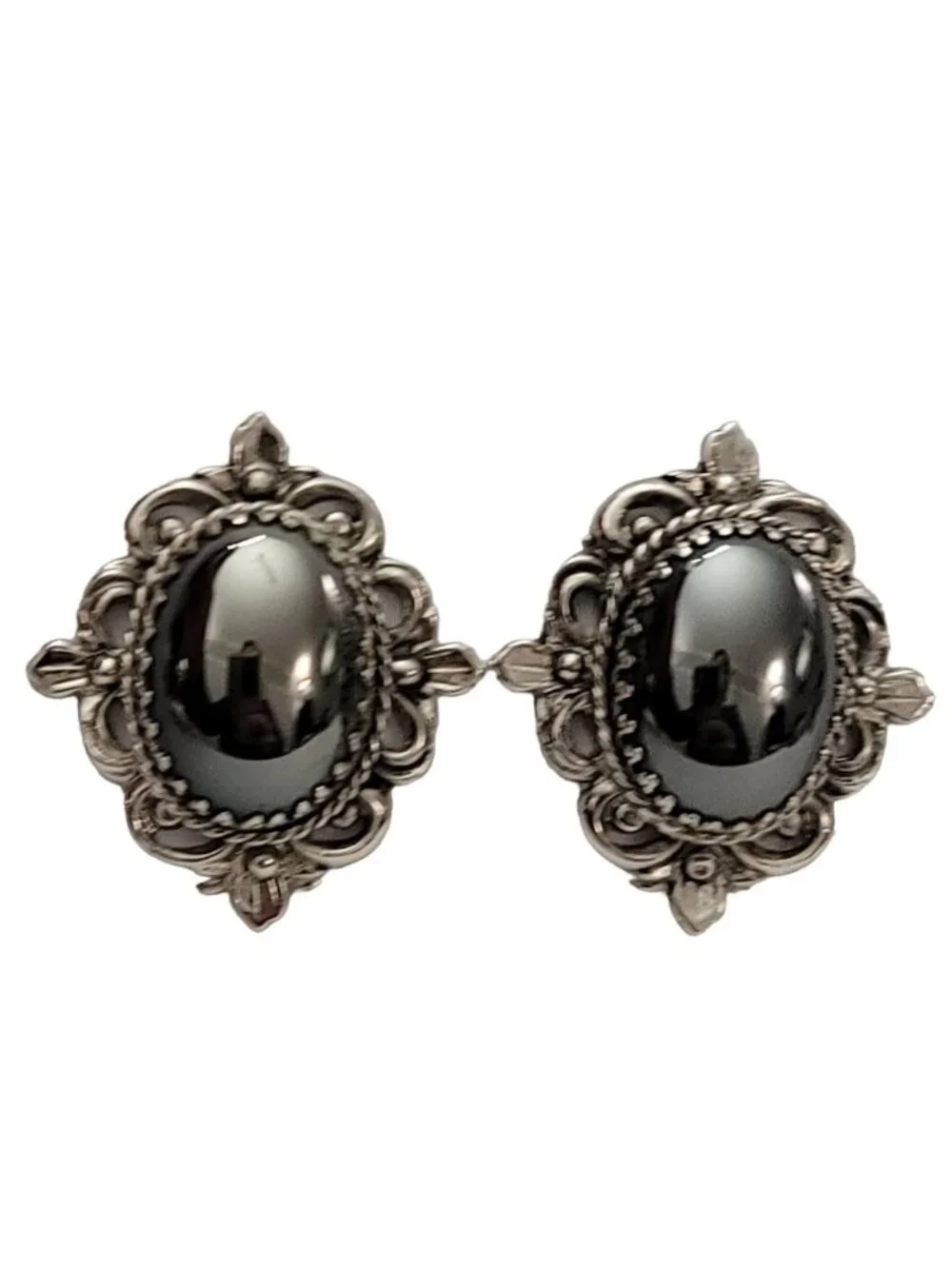 Whiting & Davis Co. Silver Tone Glass Cab Clip-On Earrings, Signed K178